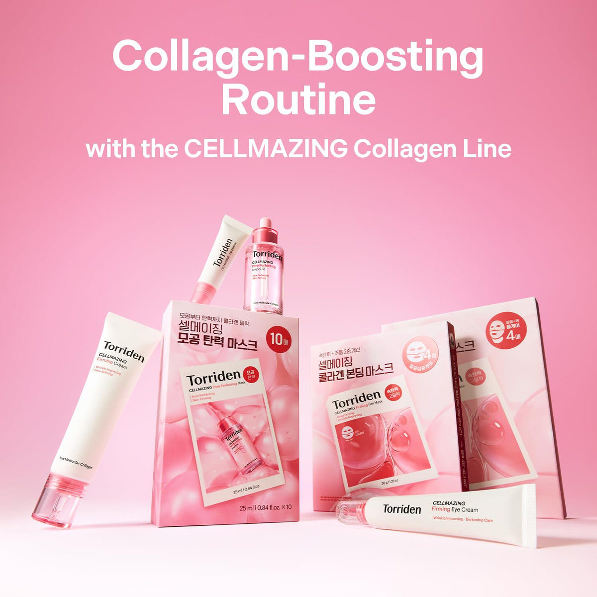 Torriden ingredient flatlay of collagen and hyaluronic elements for efficacy