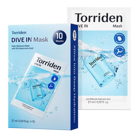 Torriden front packaging showing 10 sheets and product benefit of deep hydration