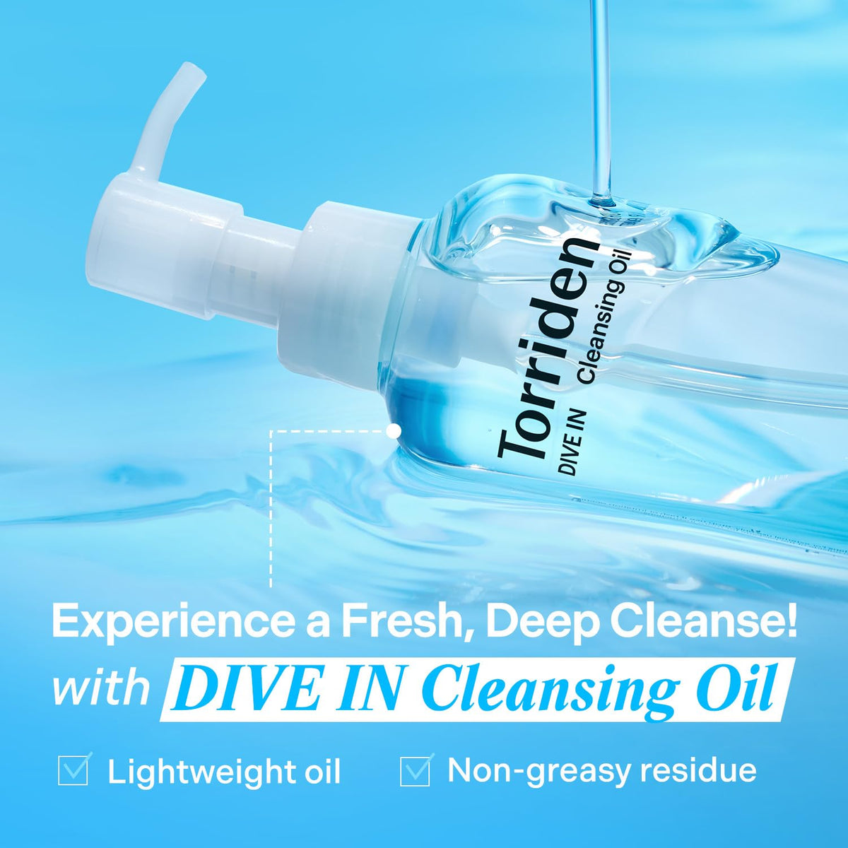 Torriden texture closeup of oil consistency, illustrates smooth glide and makeup removal