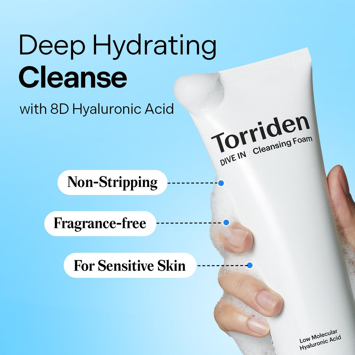 Torriden foam texture close-up showing airy lather and gentle cleansing action