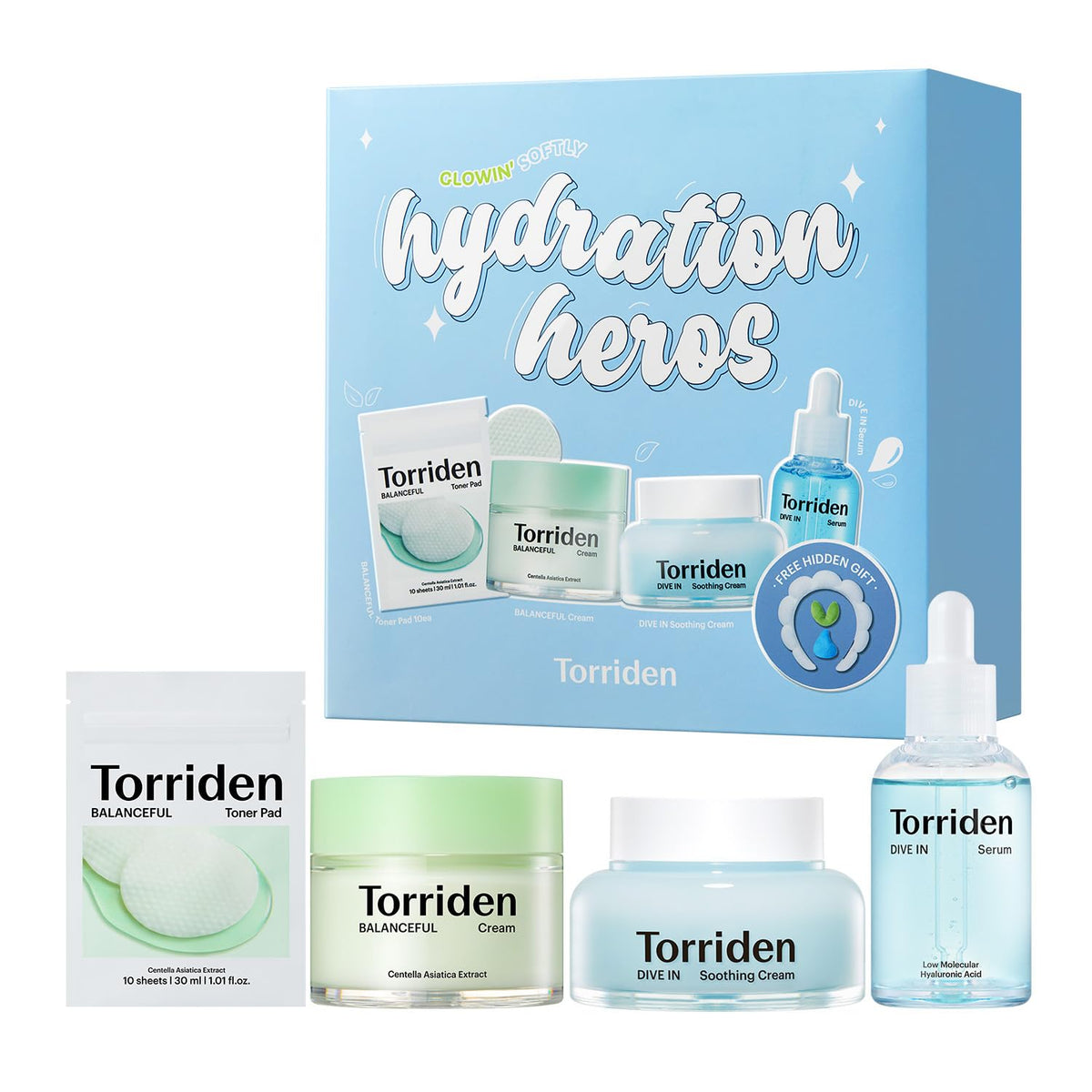 Torriden product front packaging showing the full hydration heroes set and benefits
