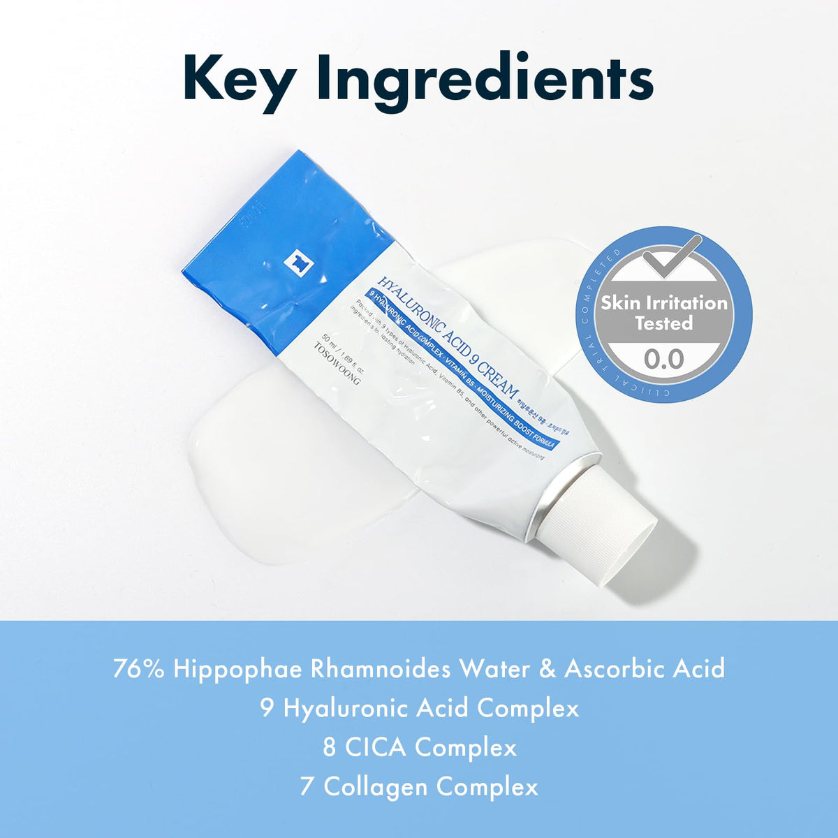TOSOWOONG ingredient label with hyaluronic complex and centella for soothing