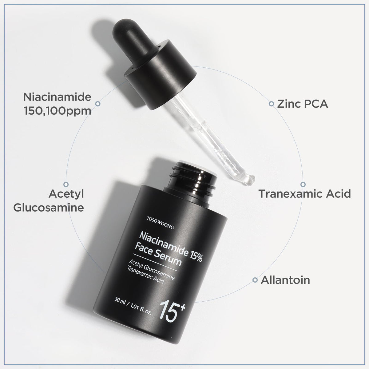 TOSOWOONG ingredient label highlighting niacinamide and tranexamic acid benefits