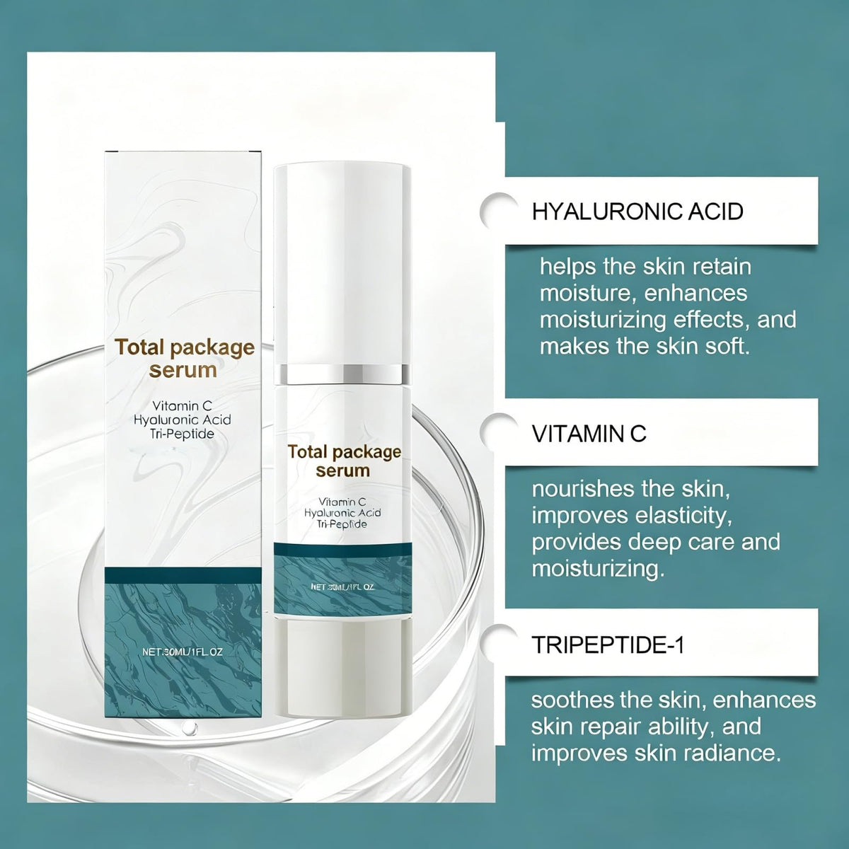 Total Package Serum bottle beside moisturizer showing routine compatibility