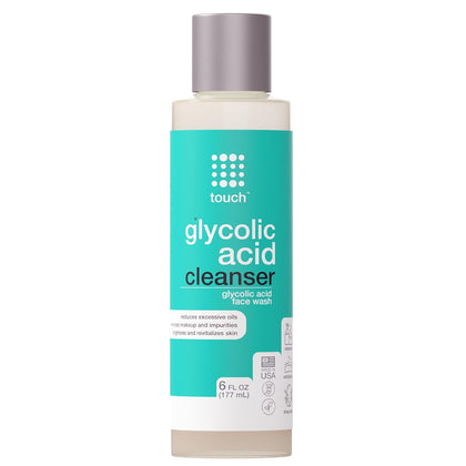 TOUCH front packaging of 10% glycolic acid face wash showing bottle and label, clear benefit brightening