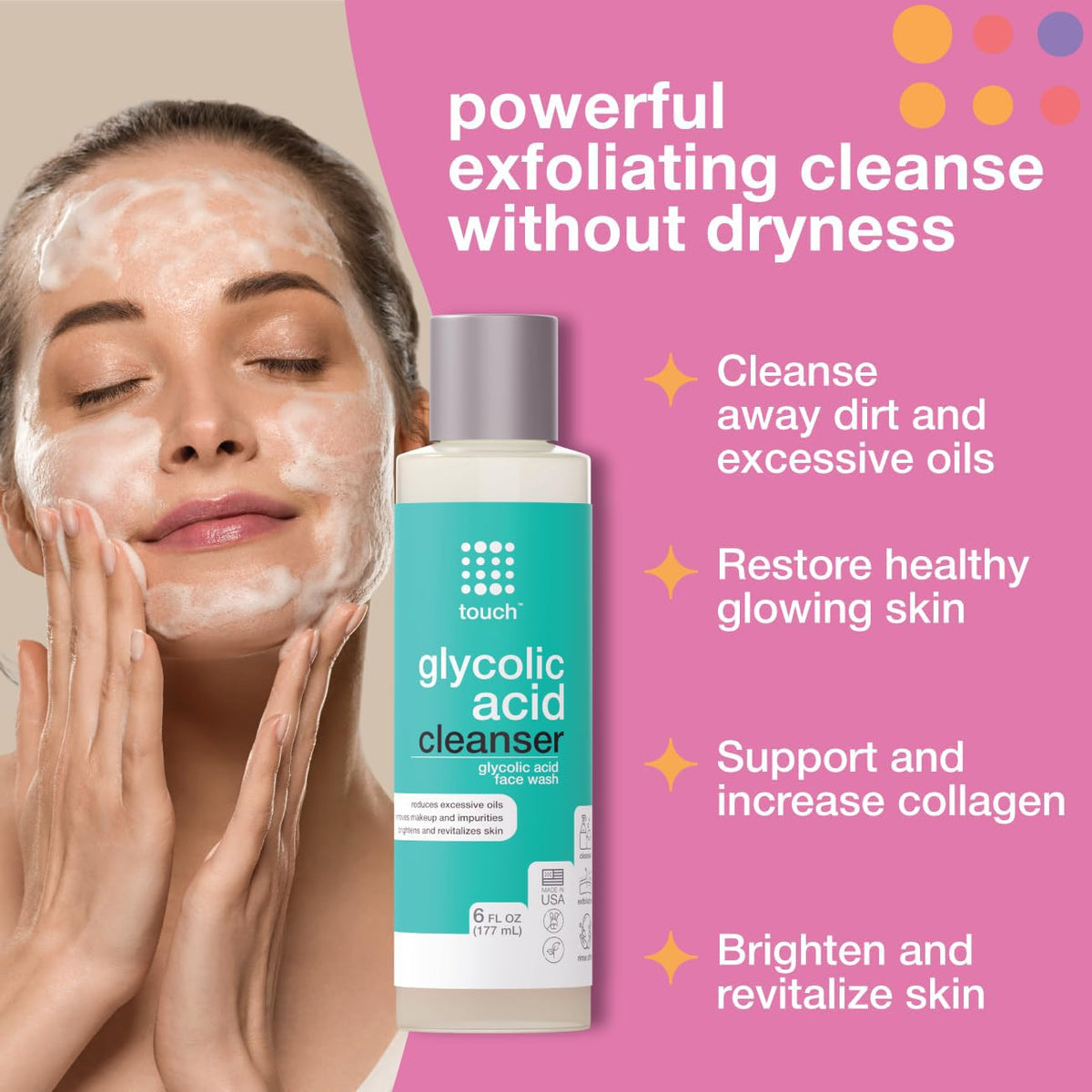 TOUCH pump and label detail highlighting product name and low pH benefit for exfoliation