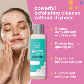 TOUCH pump and label detail highlighting product name and low pH benefit for exfoliation
