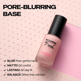TOUCH IN SOL primer applied on hand demonstrating coverage and pore-blurring effect before foundation