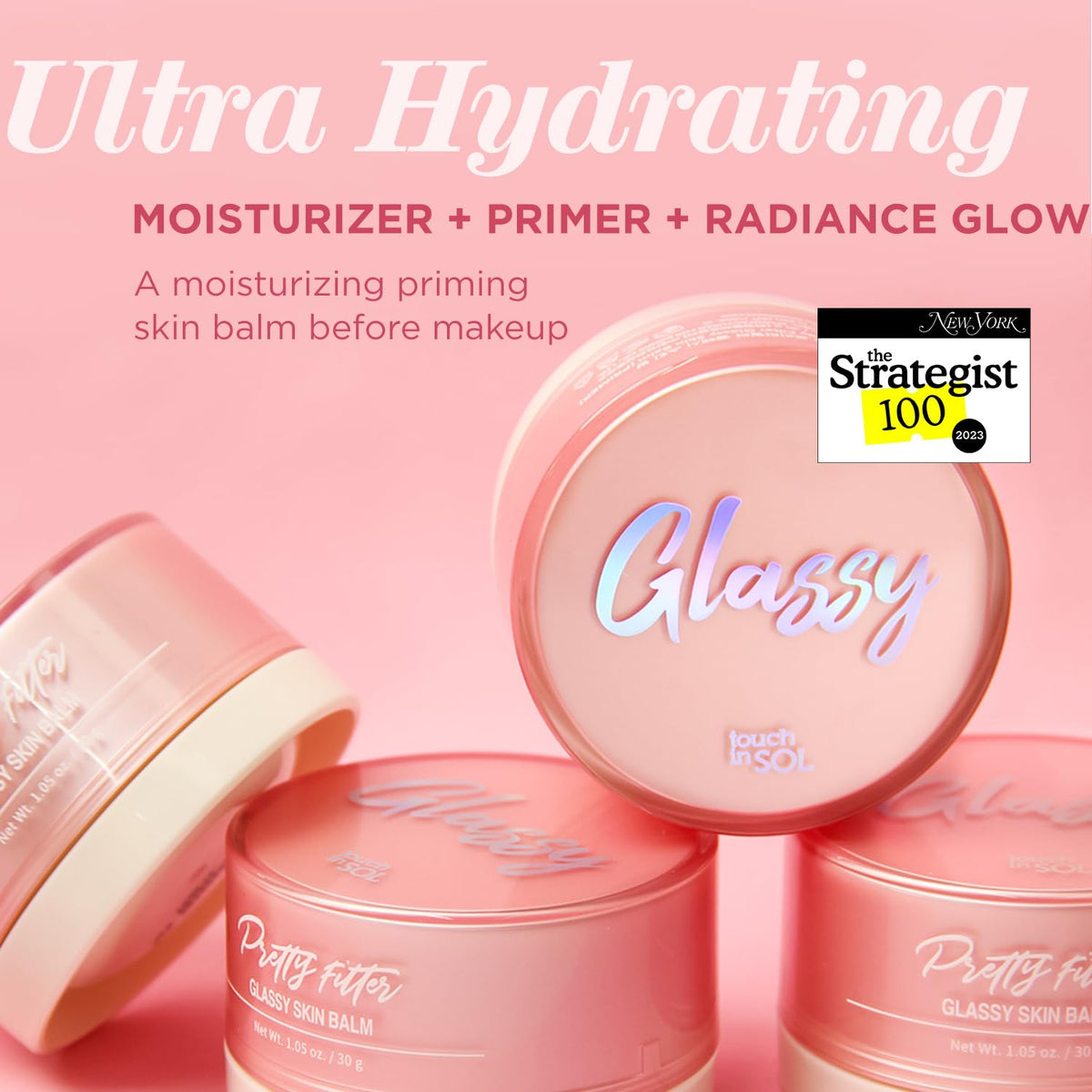 TOUCH IN SOL open jar close-up revealing glassy balm texture for hydration appeal