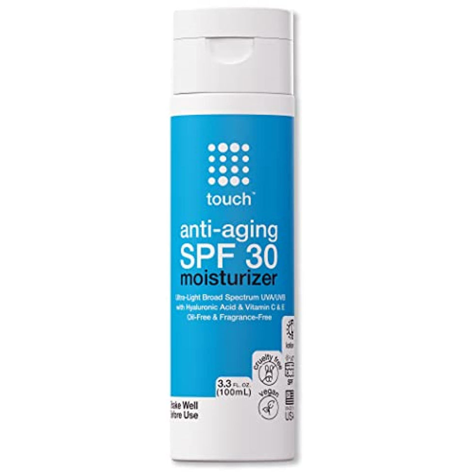 TOUCH front tube display showing SPF 30 and moisturizer benefit