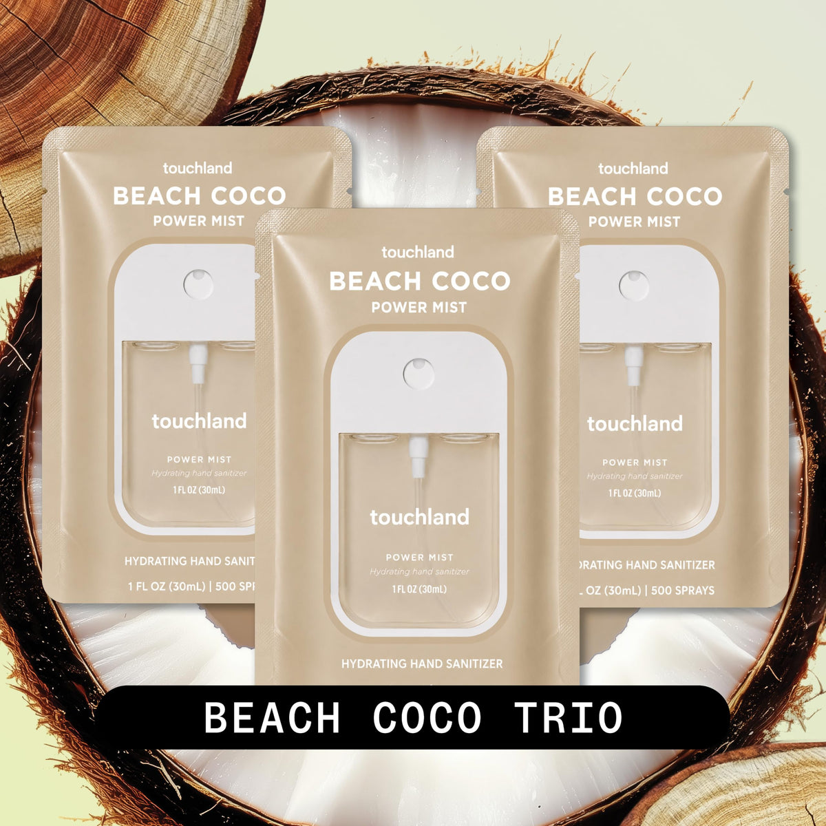 Touchland single Beach Coco bottle close-up showing pump and label benefit: easy-grip travel size