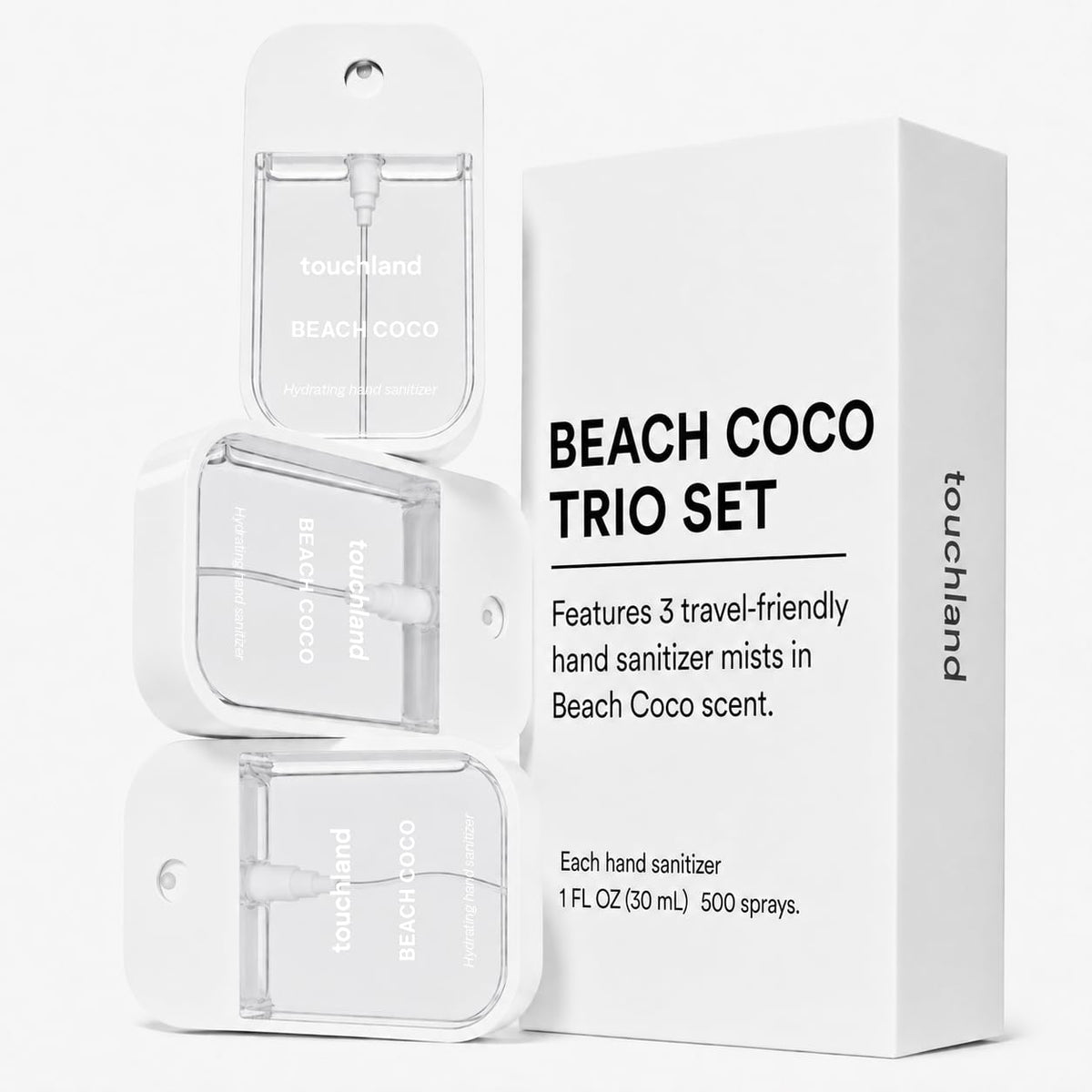 Hand being misted with Touchland Beach Coco displaying fine spray and quick coverage benefit: fast application