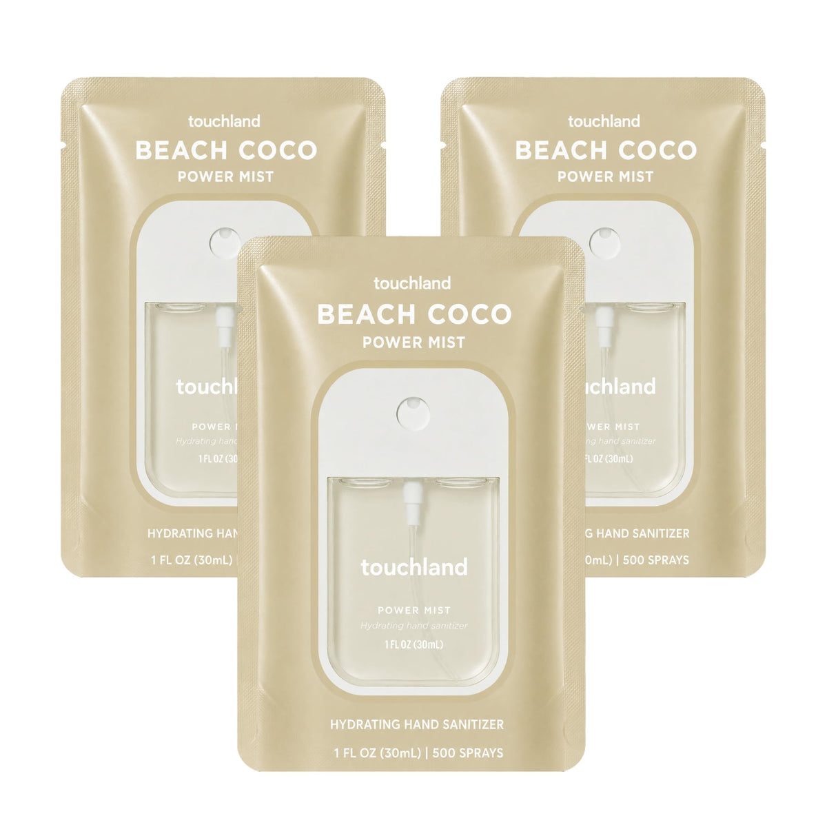 Touchland Beach Coco trio front view showing three travel spray bottles and bright packaging benefit: portable hygiene