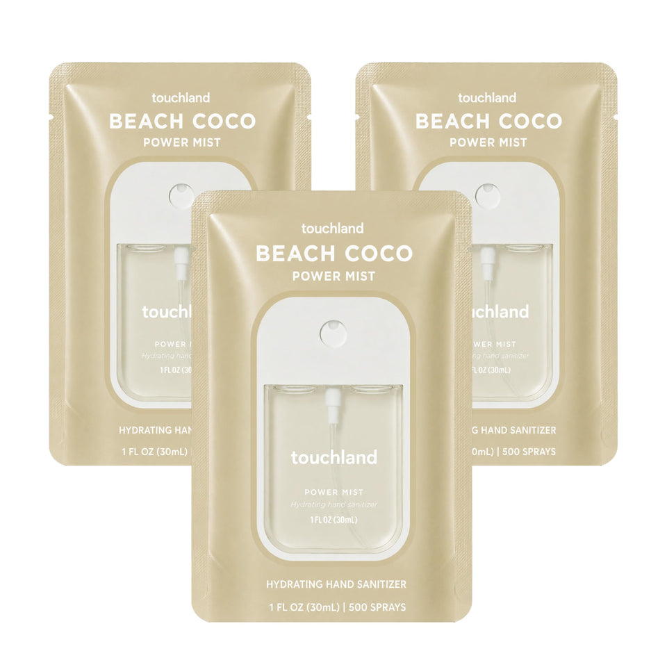 Touchland Beach Coco trio front view showing three travel spray bottles and bright packaging benefit: portable hygiene