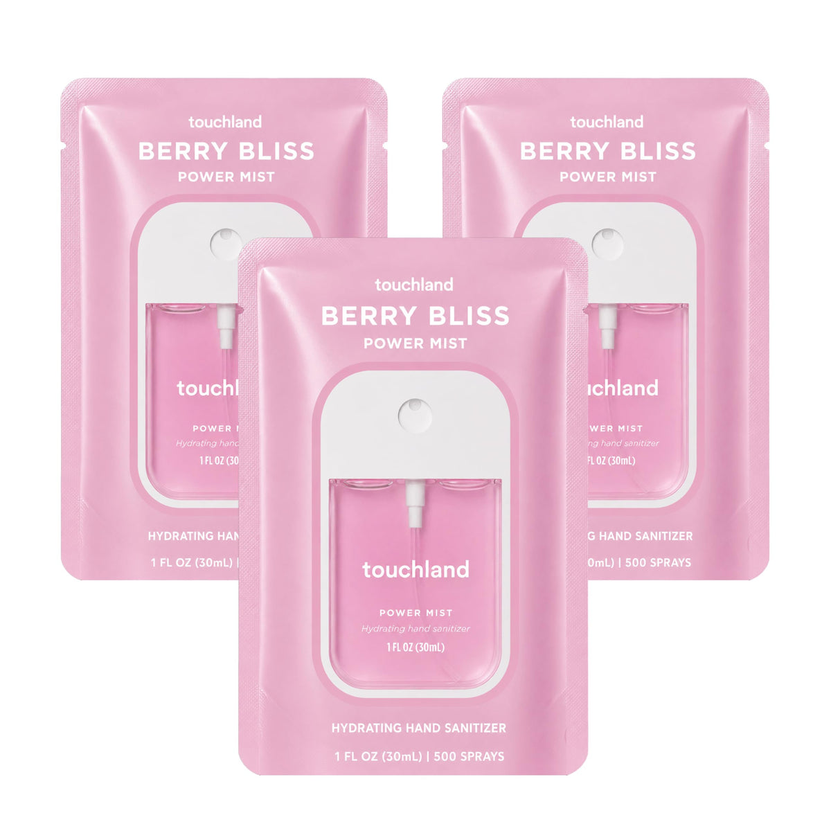 Touchland front packaging showing three Berry Bliss bottles for convenient sanitizing