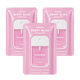 Touchland front packaging showing three Berry Bliss bottles for convenient sanitizing