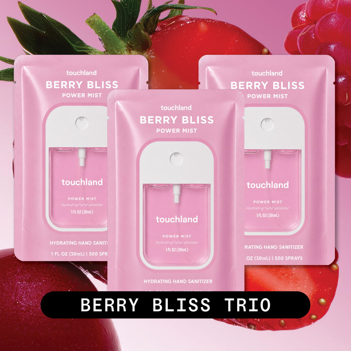 Touchland close-up of one Berry Bliss bottle highlighting compact travel-friendly design