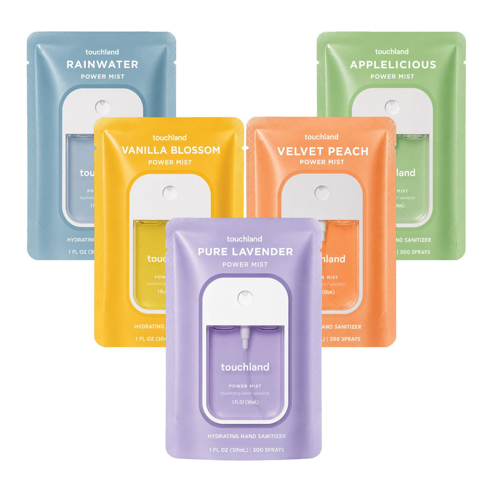 Touchland blossom pack front view showing five travel mists and brand