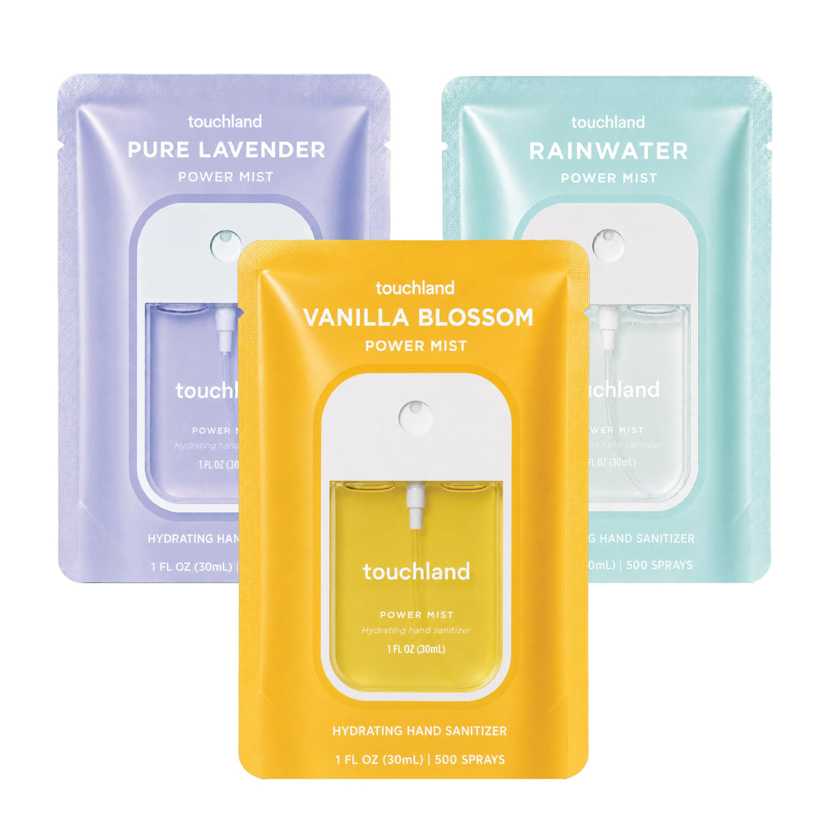 Touchland Blossom Trio front packaging showing three travel-size sprays and benefits