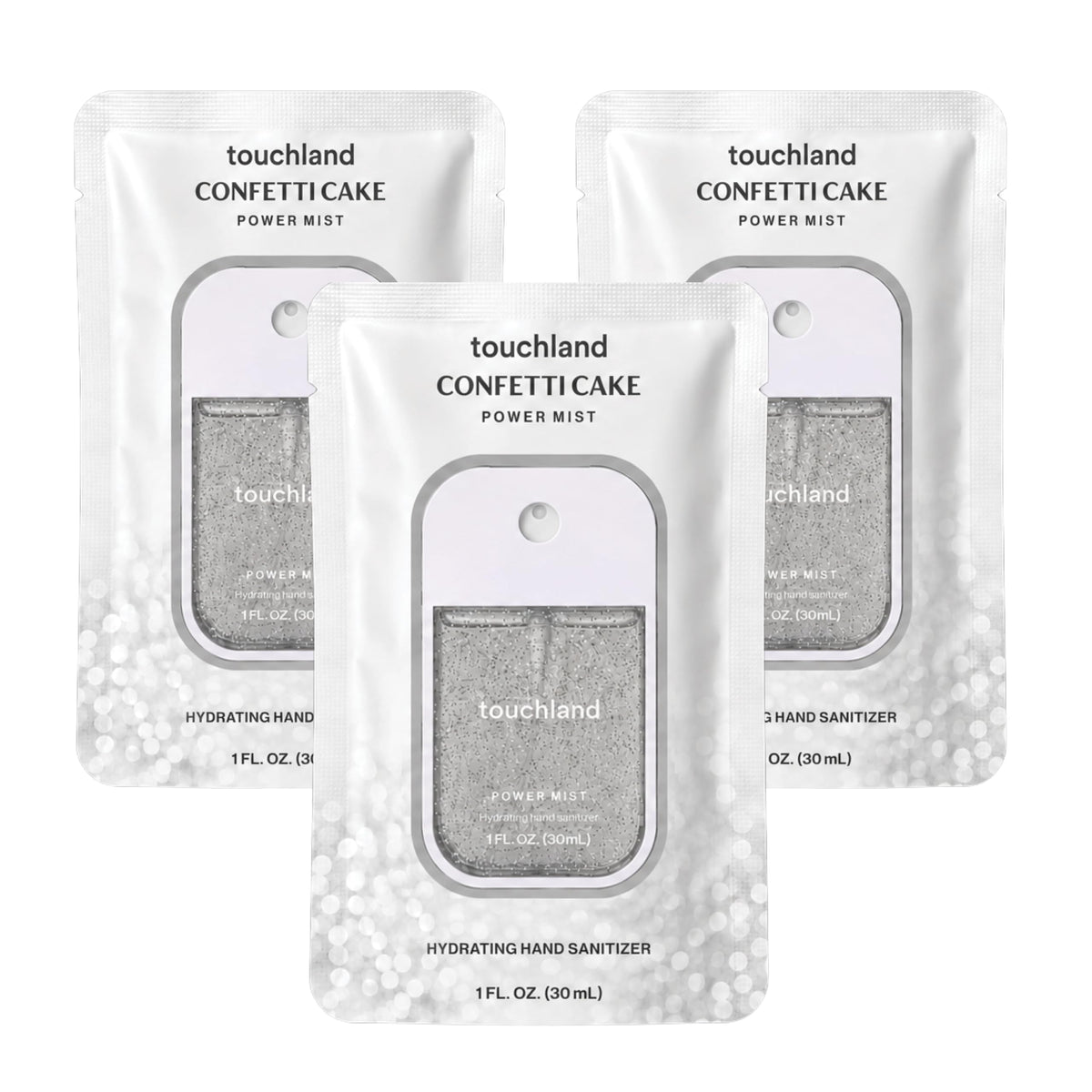 Touchland front packaging showing three Confetti Cake bottles and bright label benefit travel-ready