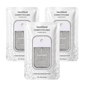 Touchland front packaging showing three Confetti Cake bottles and bright label benefit travel-ready