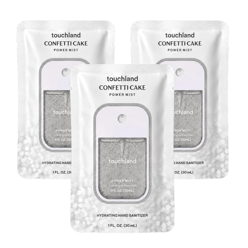 Touchland front packaging showing three Confetti Cake bottles and bright label benefit travel-ready