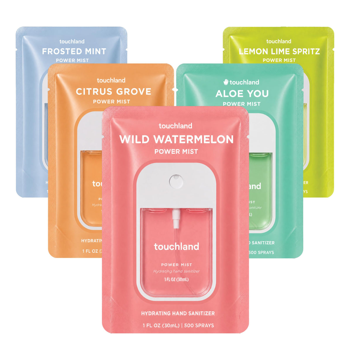 Touchland front packaging showing five travel-sized sanitizer mists and benefits