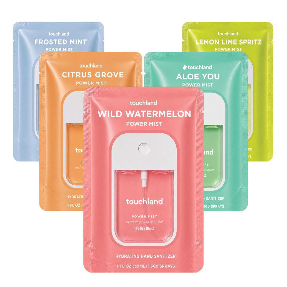 Touchland front packaging showing five travel-sized sanitizer mists and benefits