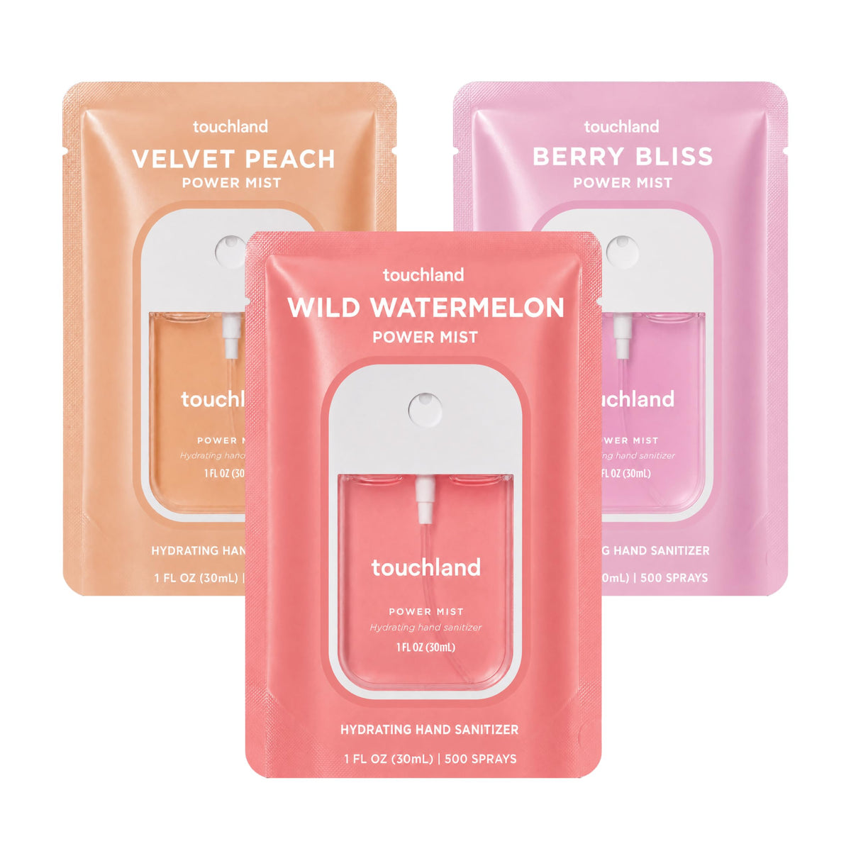 Touchland front packaging trio showing bottles and branding for convenient travel