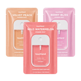 Touchland front packaging trio showing bottles and branding for convenient travel
