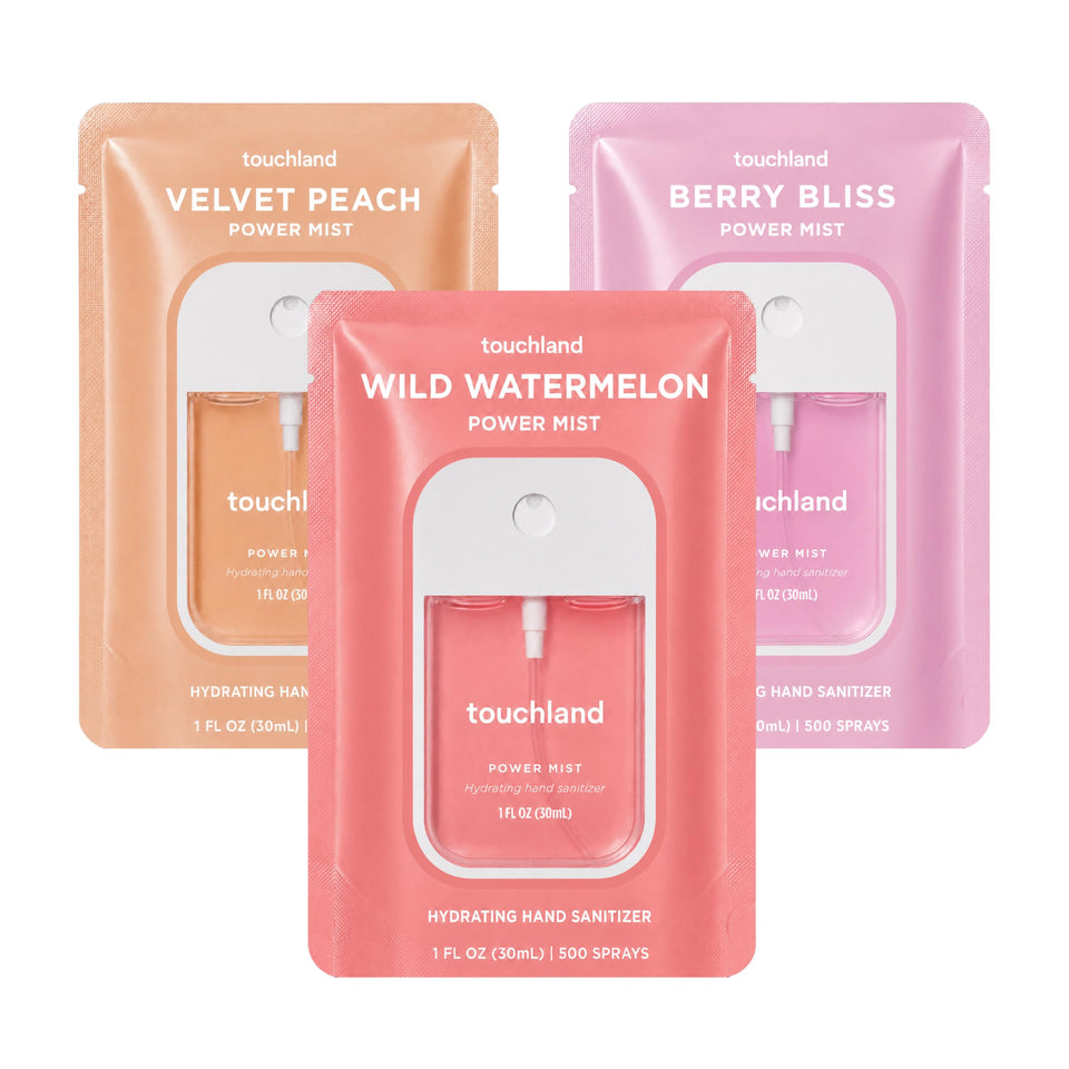 Touchland front packaging trio showing bottles and branding for convenient travel