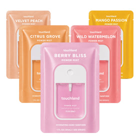 Touchland Juicy 5 front packaging showing five travel mists and scents
