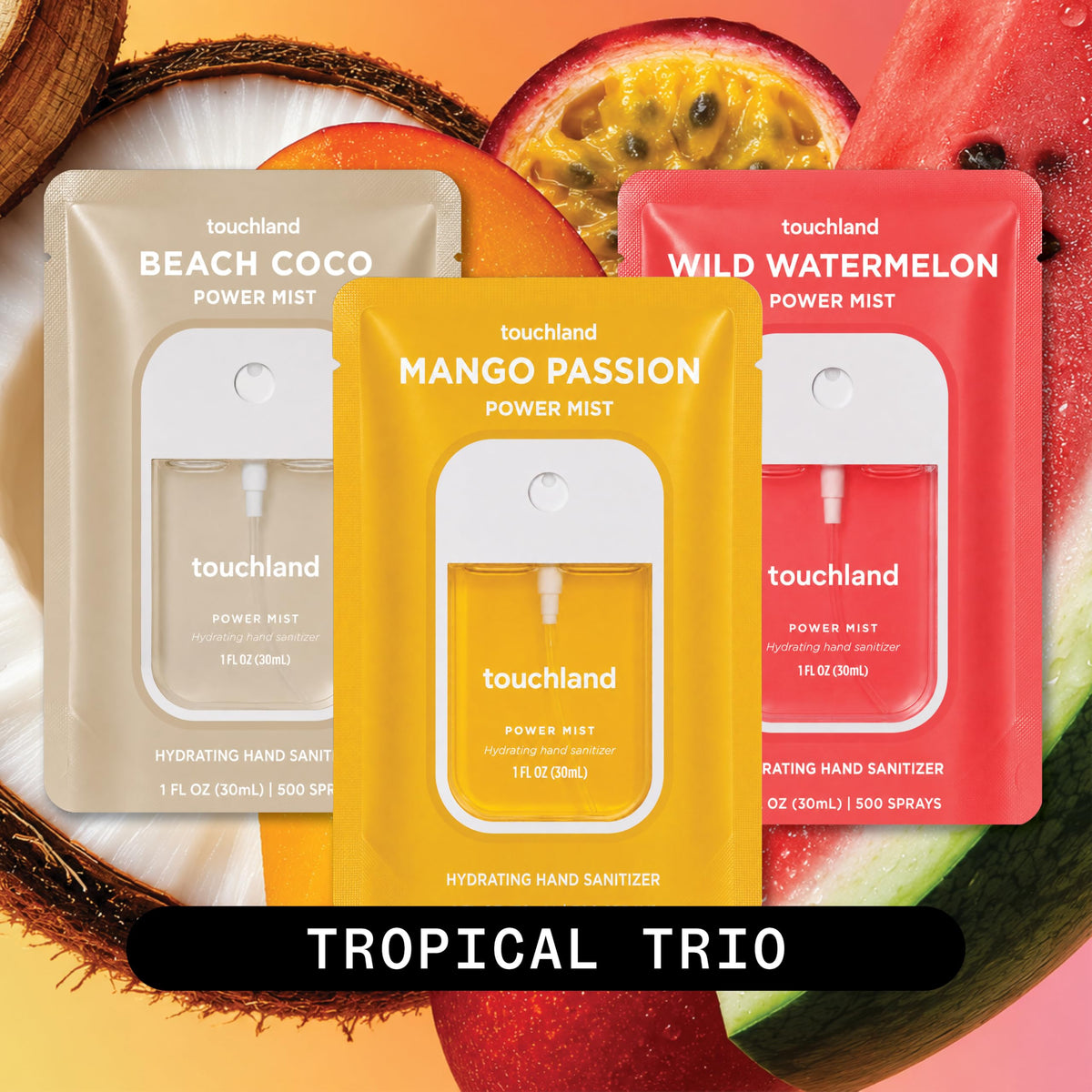 Touchland Mango Passion spray close-up nozzle, quick application benefit