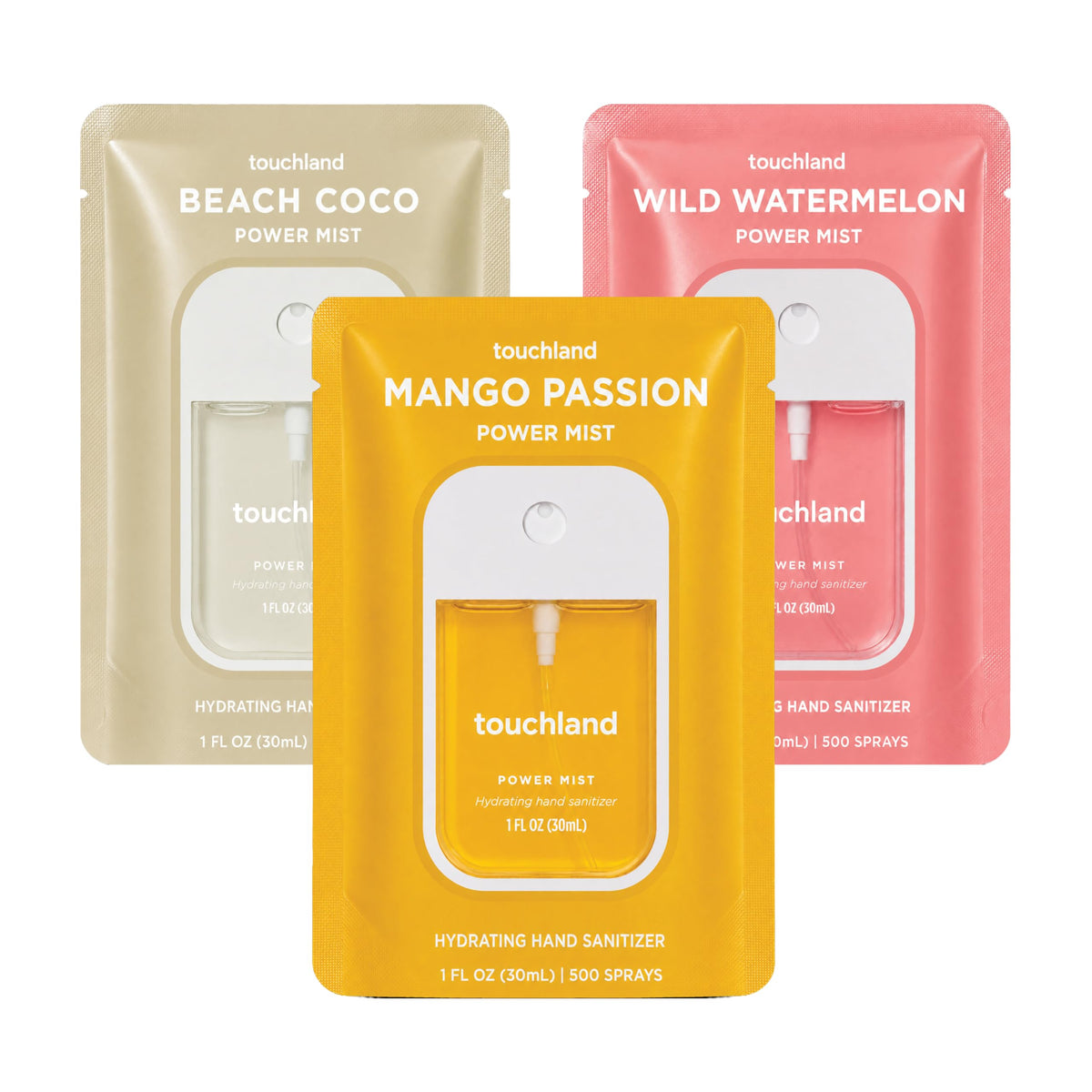 Touchland front packaging showing three tropical sanitizer sprays, convenient travel set
