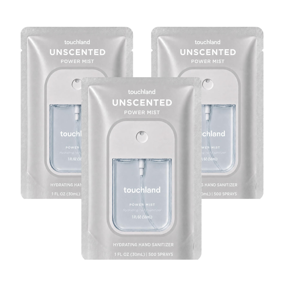 Touchland front packaging showing three unscented spray bottles for portability and convenience