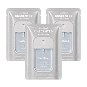 Touchland front packaging showing three unscented spray bottles for portability and convenience