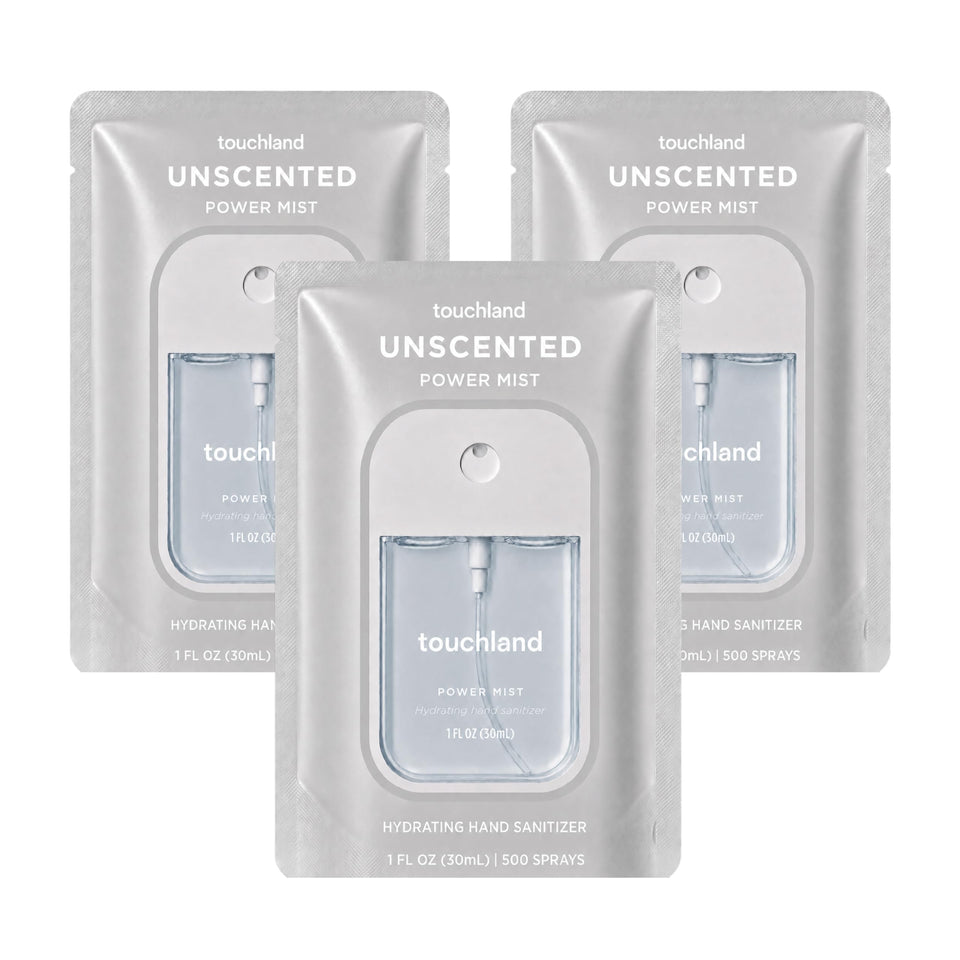Touchland front packaging showing three unscented spray bottles for portability and convenience