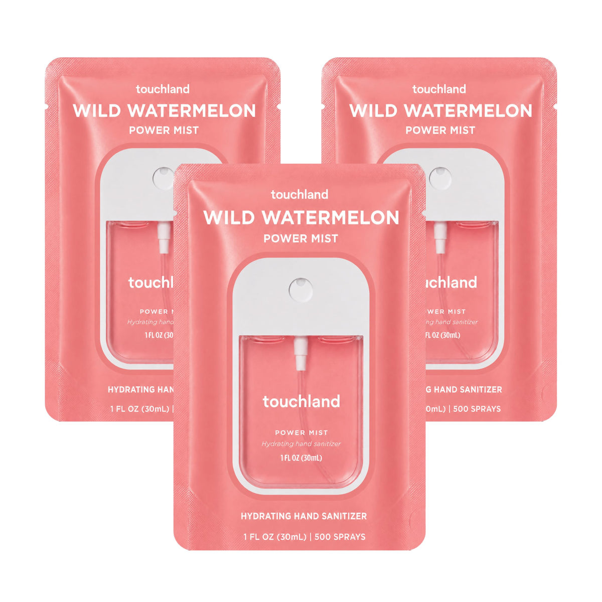 Touchland front packaging showing three travel-size Wild Watermelon sprays benefits portability