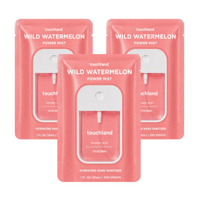 Touchland front packaging showing three travel-size Wild Watermelon sprays benefits portability