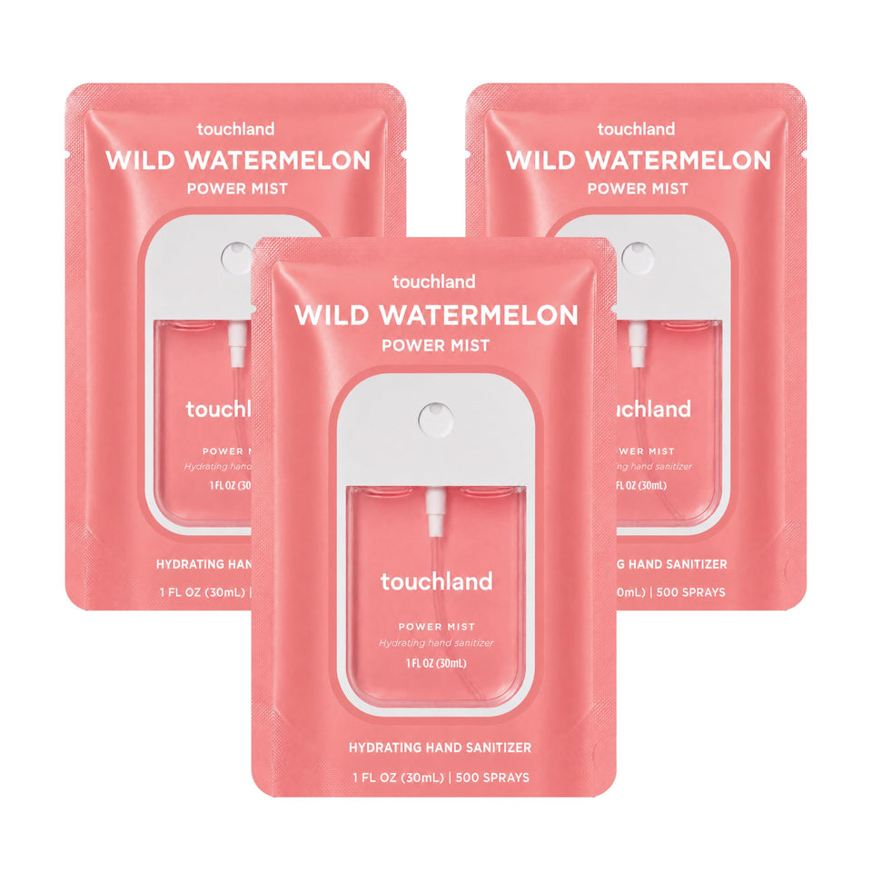 Touchland front packaging showing three travel-size Wild Watermelon sprays benefits portability