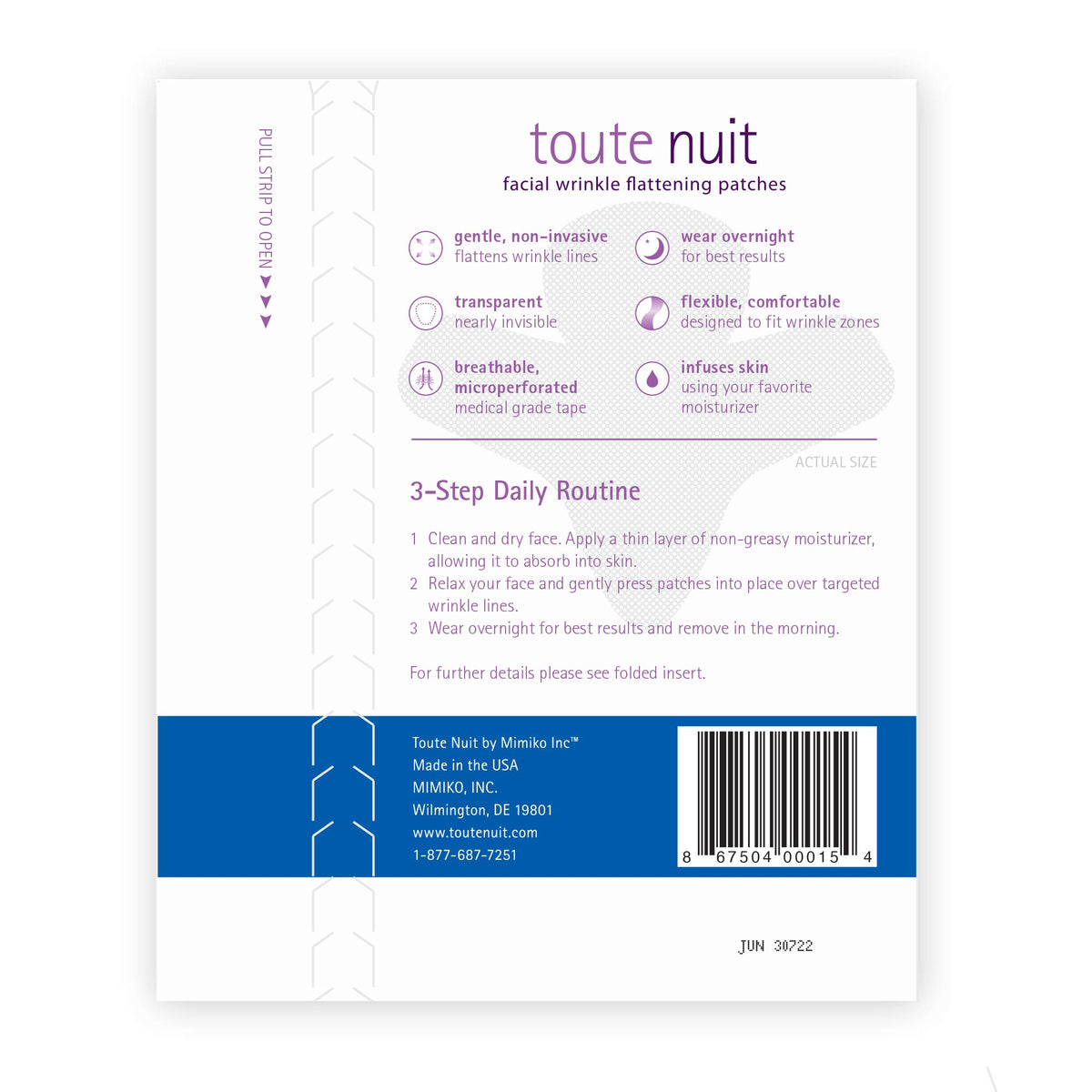 Toute Nuit patch applied to forehead showing discreet coverage and smoothing benefit