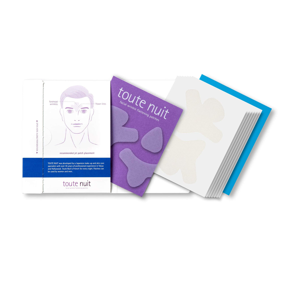 Toute Nuit box with patches displayed conveying easy access and organized storage