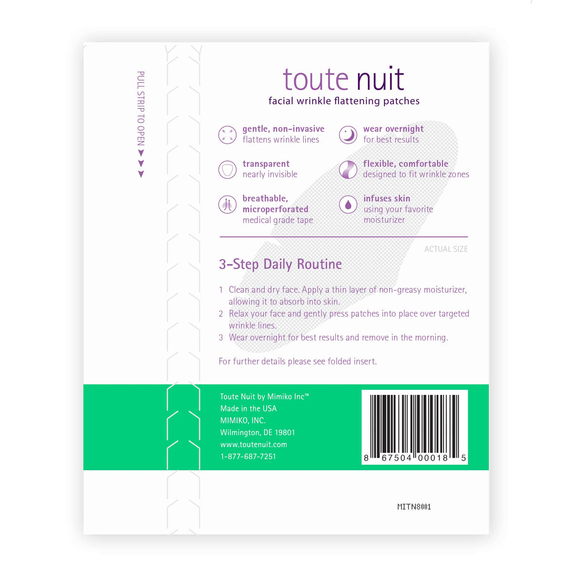 Toute Nuit patch applied on forehead demonstrating smoothing effect