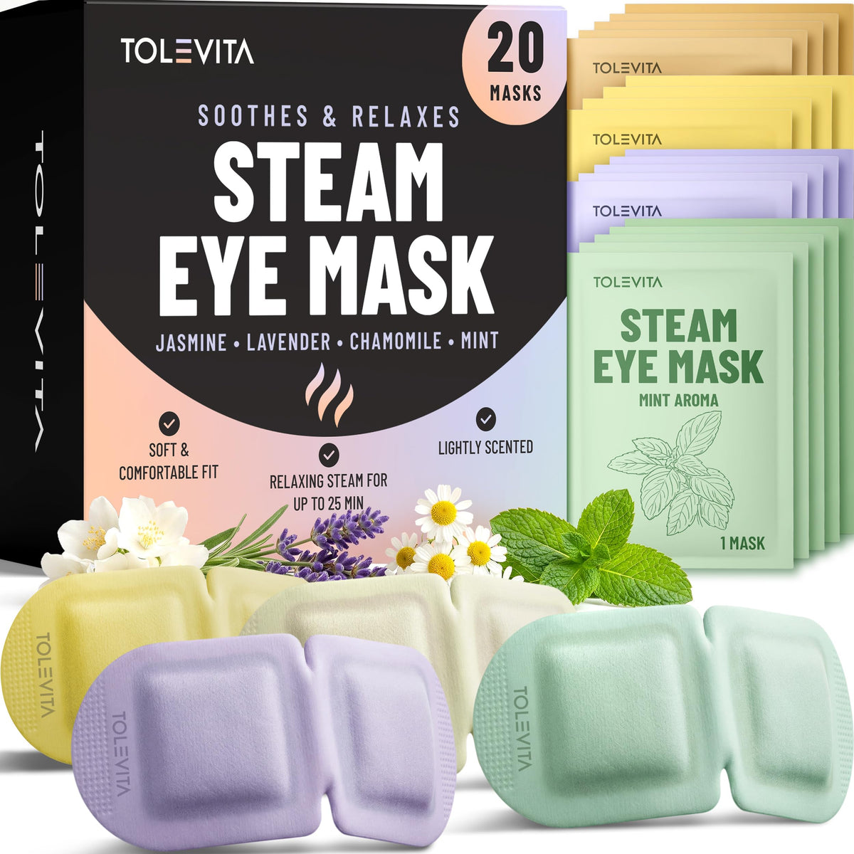 TOLEVITA front packaging showing 20 steam eye masks and scents for convenience