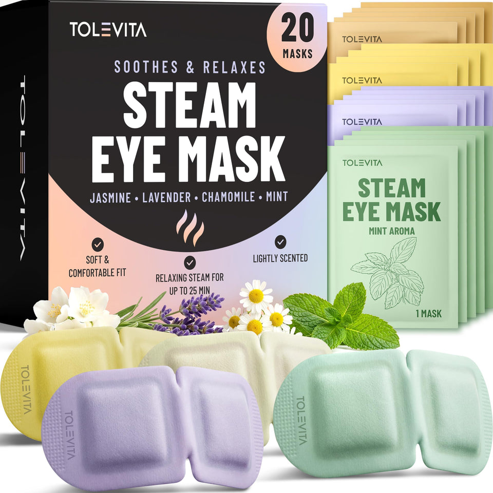 TOLEVITA front packaging showing 20 steam eye masks and scents for convenience