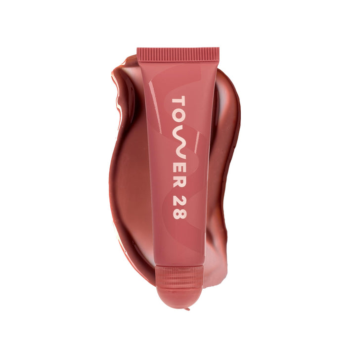 Tower 28 LipSoftie front packaging showing shade and glossy finish benefit