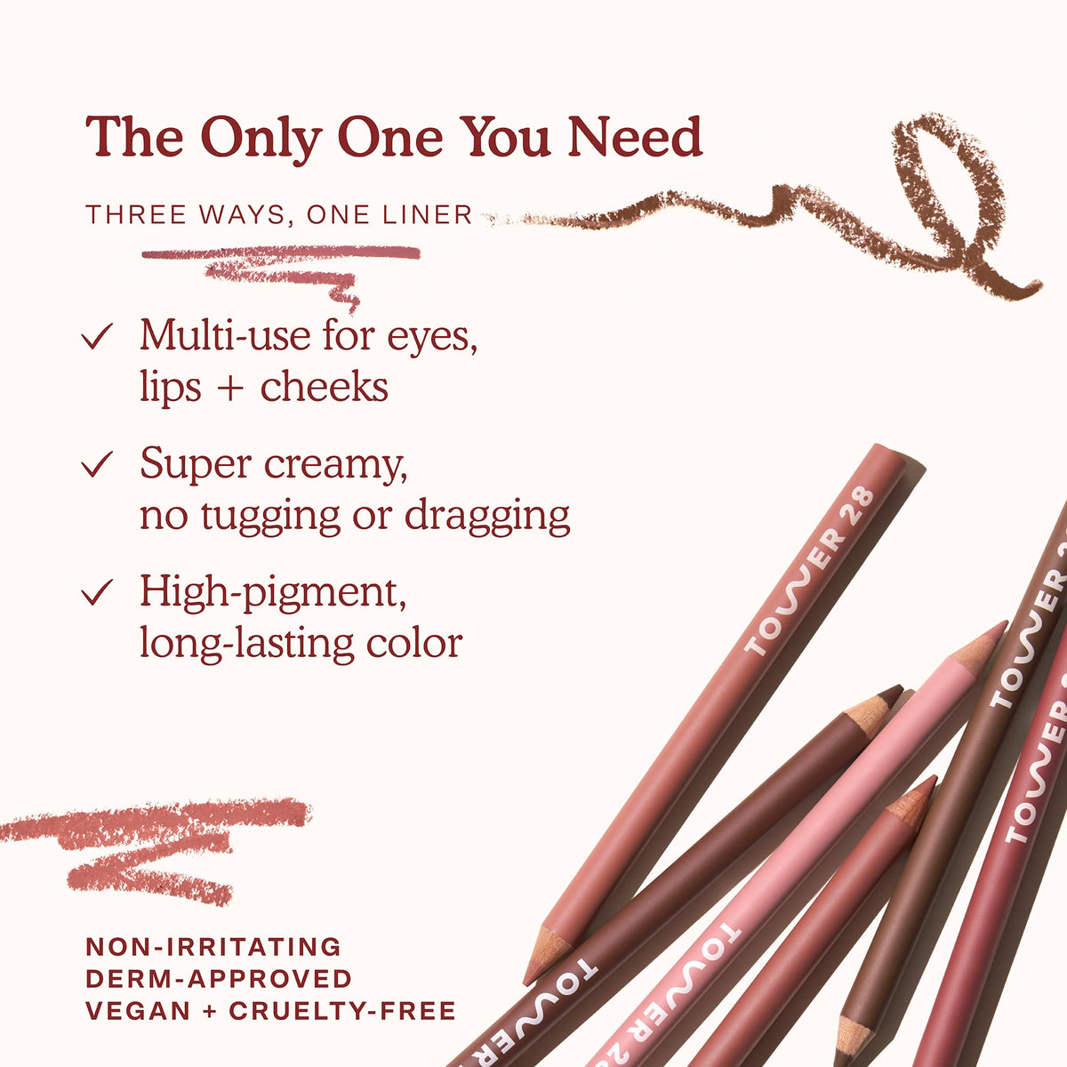 Tower 28 OneLiner applied as eyeliner along lash line for soft definition benefit