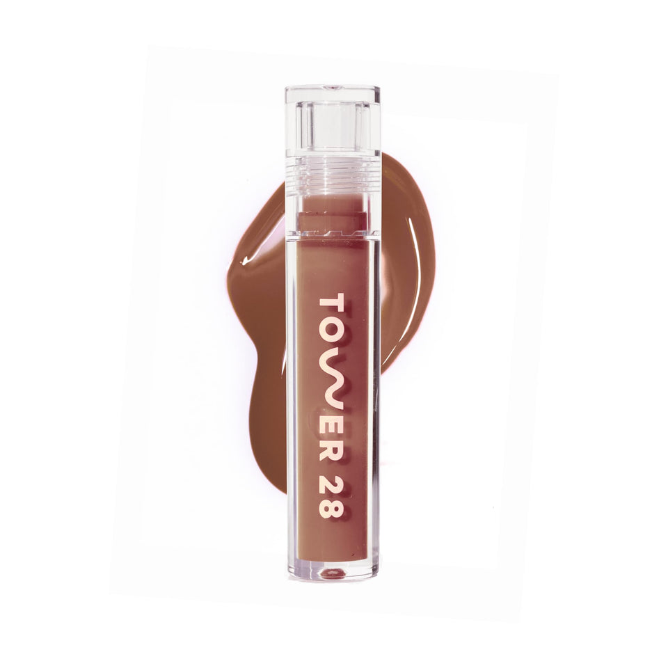 Tower 28 front packaging showing glossy almond chocolate shade and compact tube benefit