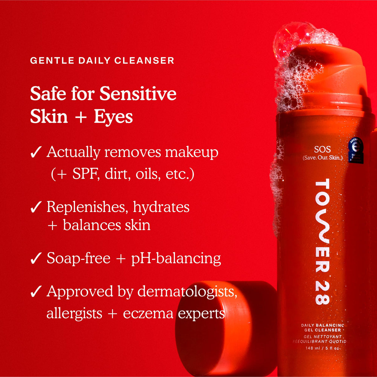 Tower 28 gel texture closeup highlighting soothing, hydrating consistency