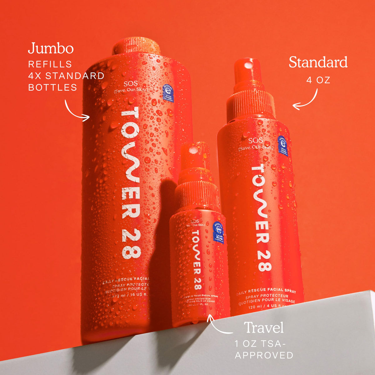 Tower 28 16 oz bottle beside common items to show large travel-friendly size